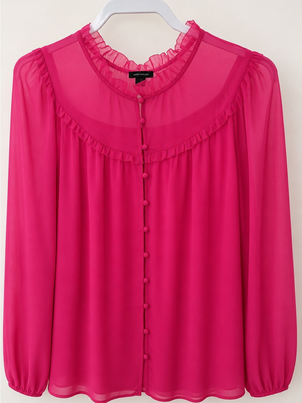 Ann Taylor Sheer Ruffle-Trim Button-Front Blouse - Hot Pink